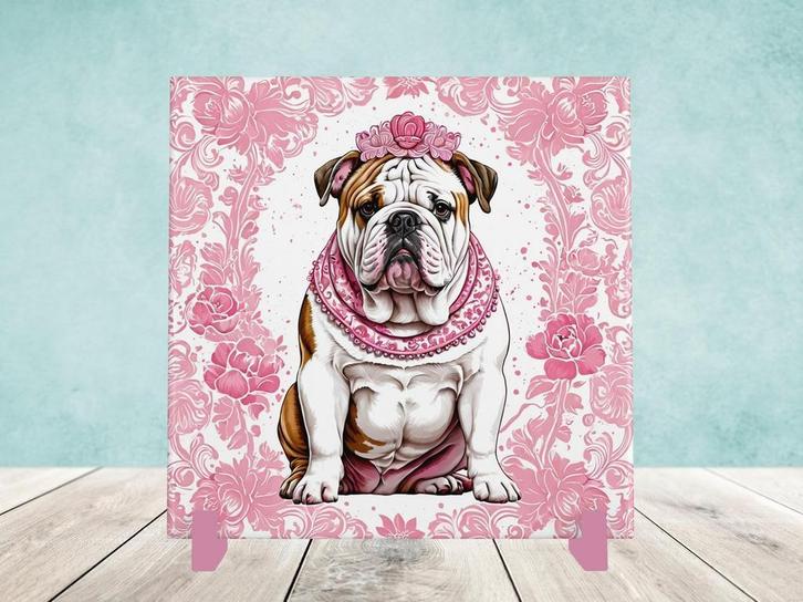 Engelse Bulldog Delfts Roze tegel incl houder, Huis en Inrichting, Woonaccessoires | Overige, Nieuw, Ophalen of Verzenden