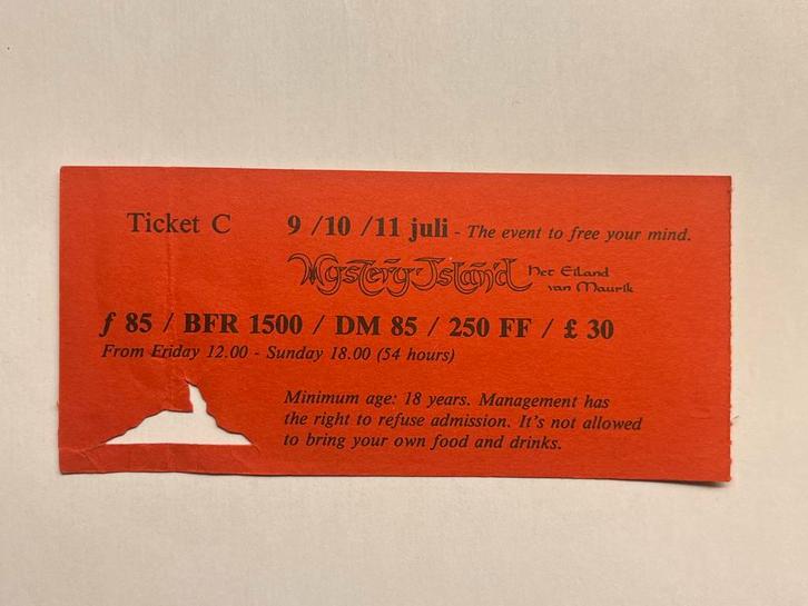 1993 ticket Mystery Island ID&T Thunderdome gabber hardcore, Verzamelen, Overige Verzamelen, Gebruikt, Ophalen of Verzenden