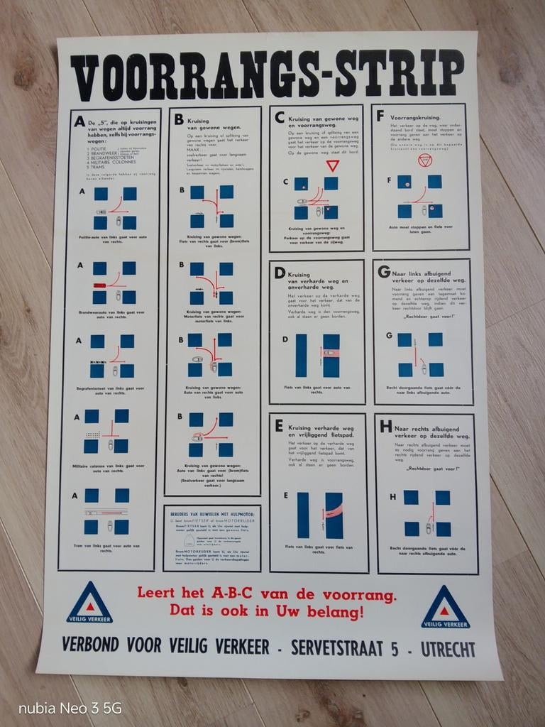 Vintage Voorrangs-Strip Verkeersposter, Antiek en Kunst, Antiek | Schoolplaten, Ophalen of Verzenden, Overige thema's