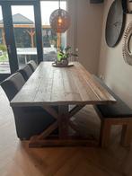 Houten Eettafel met bank en 3 stoelen (of los van elkaar), Ophalen, Gebruikt, 100 tot 150 cm, Eikenhout