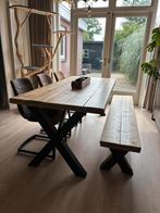 Steigerhouten eettafel met bankje en stoelen, Ophalen, 50 tot 100 cm, Zo goed als nieuw, Vijf personen of meer