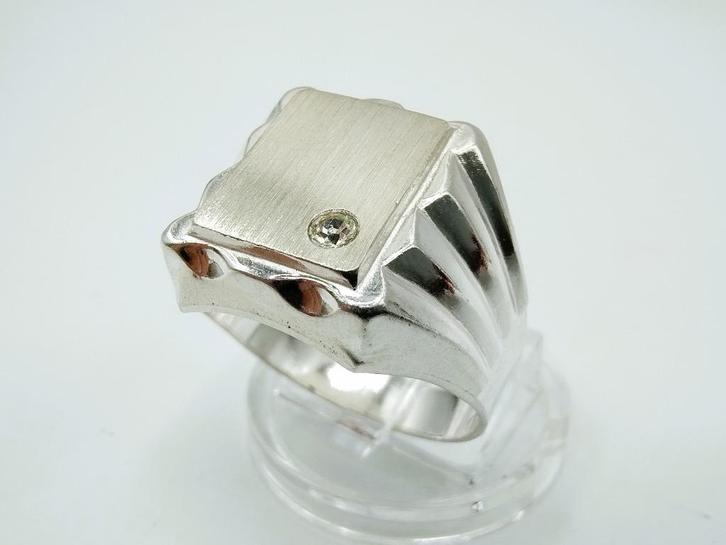 Zilveren heren zegelring met zirkonia, 21.5 mm, Sieraden, Tassen en Uiterlijk, Ringen, Nieuw, Heer, 20 of groter, Zilver, Zilver