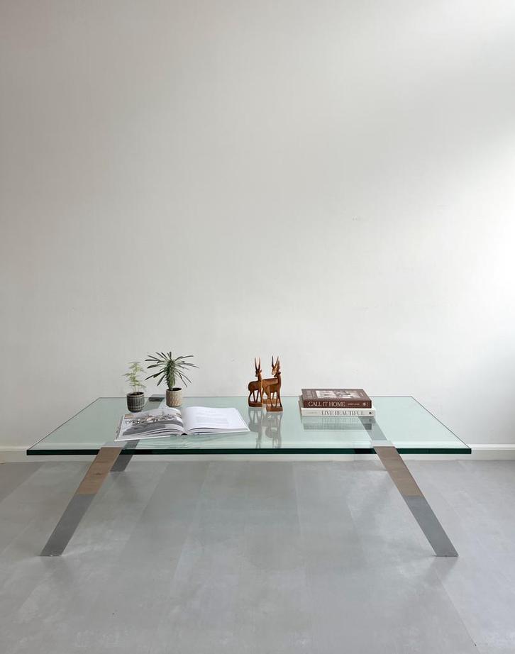Vintage salontafel Lourens Fisher, glasplaat/chromen pootjes, Huis en Inrichting, Tafels | Salontafels, Zo goed als nieuw, Minder dan 50 cm