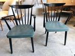 set spijlenstoelen hout armleuning turqoise zitting 60s, Gebruikt, Twee, -, Zwart