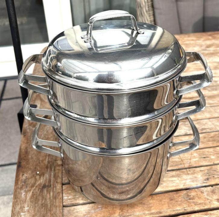 Complete pannenset 3-delig met 1x stoom en deksel, Huis en Inrichting, Keuken | Potten en Pannen, Gebruikt, Pannenset, Rvs, Ophalen of Verzenden