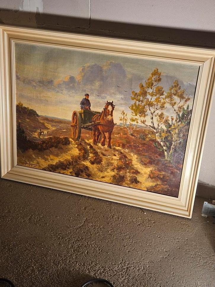 Schilderij met paard en wagen - Nefkens, Antiek en Kunst, Kunst | Schilderijen | Klassiek, Ophalen