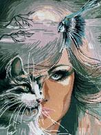 Leuk groot borduurwerk vrouw  kat en vogel in wol, Ophalen of Verzenden, Zo goed als nieuw, Handborduren