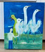 Schilderij met vogels en mensfiguur – acryl op doek, Ophalen of Verzenden