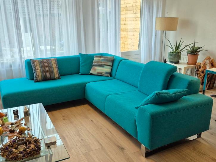 Turquoise hoekbank, Huis en Inrichting, Banken | Complete zithoeken, Zo goed als nieuw, Stof, Ophalen