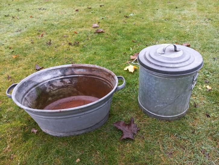 Zinken teil en emmer, Tuin en Terras, Bloembakken en Plantenbakken, Gebruikt, Metaal, 30 tot 60 cm, 60 tot 100 cm, Overige vormen