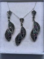 Handwerk Zilveren set met echte Onyx, Amethist en Smaragd