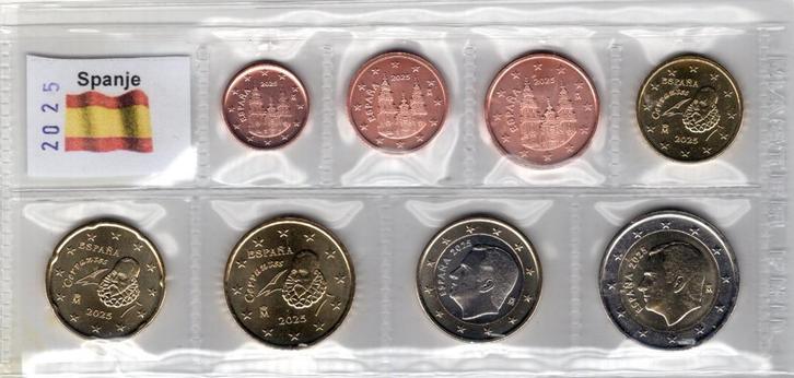 UNC set Spanje 2025 -1 cent t/m 2 euro - Transportblister, Postzegels en Munten, Munten | Europa | Euromunten, Setje, Overige waardes