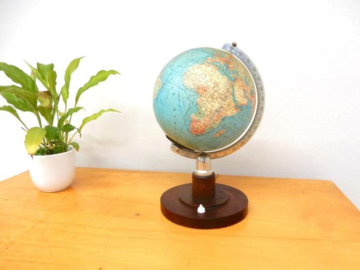 retro vintage wereldbol globe lamp tafellamp klein glas, Huis en Inrichting, Woonaccessoires | Wereldbollen, Gebruikt, Verlicht