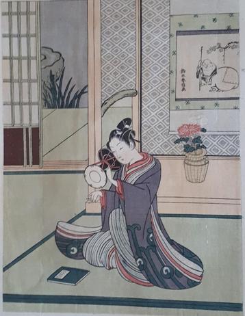 Japanse Houtblok Prent Harunobu Vrouw Trommel ca 1950 beschikbaar voor biedingen