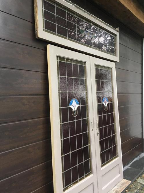 antieke dubbele ensuite deuren glas in lood met bovenlicht, Doe-het-zelf en Verbouw, Deuren en Horren, Gebruikt, Binnendeur, 200 tot 215 cm
