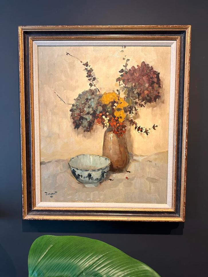 A.J Zwart (1903-1981) - Hortensia's met chinees schaaltje, Antiek en Kunst, Kunst | Schilderijen | Klassiek, Ophalen