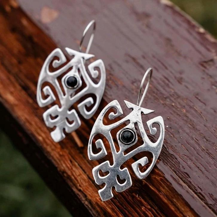 Ethnasia Boho Noire Oorbellen verzilverd messing onyx steen, Sieraden, Tassen en Uiterlijk, Oorbellen, Zo goed als nieuw, Hangers