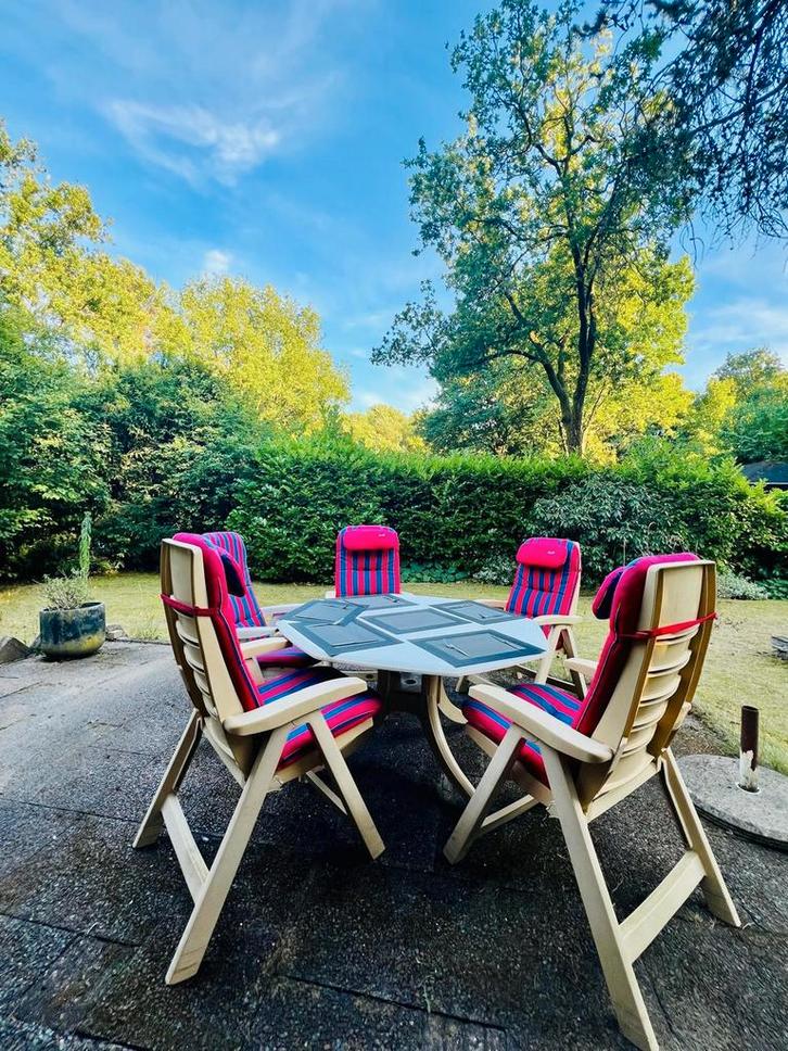 Hartman Prestige Tuinset 5 standenstoelen, tafel & kussens, Tuin en Terras, Tuinstoelen, Zo goed als nieuw, Kunststof, Inklapbaar