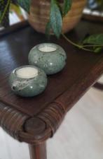 Vintage Groene Marmer Waxinelichthouders - Set van 2, Ophalen of Verzenden, Groen, Overige materialen, Minder dan 25 cm