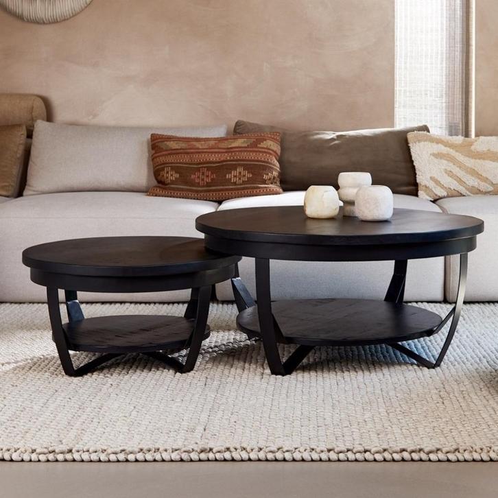 Magazijn Leegverkoop Set 2 rond salontafels mangohout zwart, Huis en Inrichting, Woonaccessoires | Overige, Nieuw, Ophalen of Verzenden