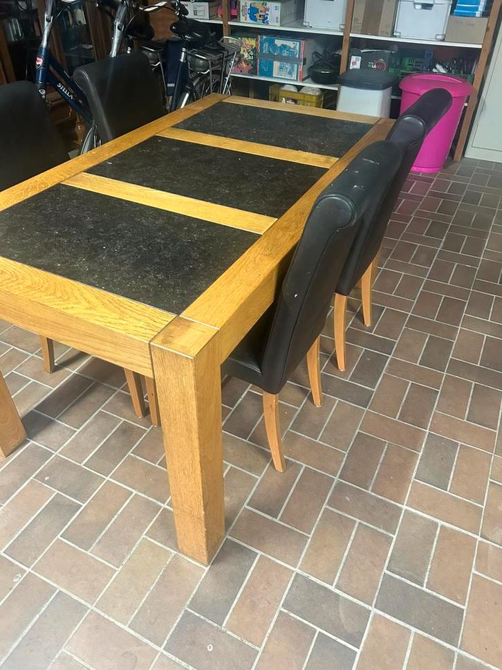 Eiken eettafel met leisteen en 4 stoelen, Huis en Inrichting, Tafels | Eettafels, Gebruikt, 50 tot 100 cm, 150 tot 200 cm, Vijf personen of meer
