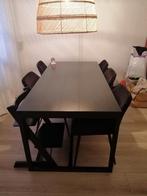 zwarte eikenhouten tafel met stalen gepoedercoat onderstel, Huis en Inrichting, 200 cm of meer, Zo goed als nieuw, Vijf personen of meer