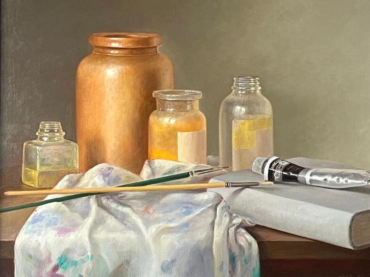 E Moleveld, stilleven met schildersatelier, Antiek en Kunst, Kunst | Schilderijen | Klassiek, Ophalen