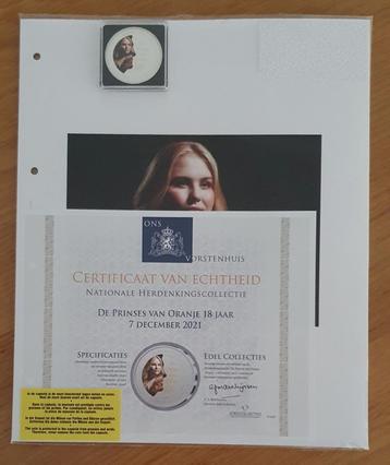 Munt Amalia 18 jaar met certificaat en informatievellen beschikbaar voor biedingen