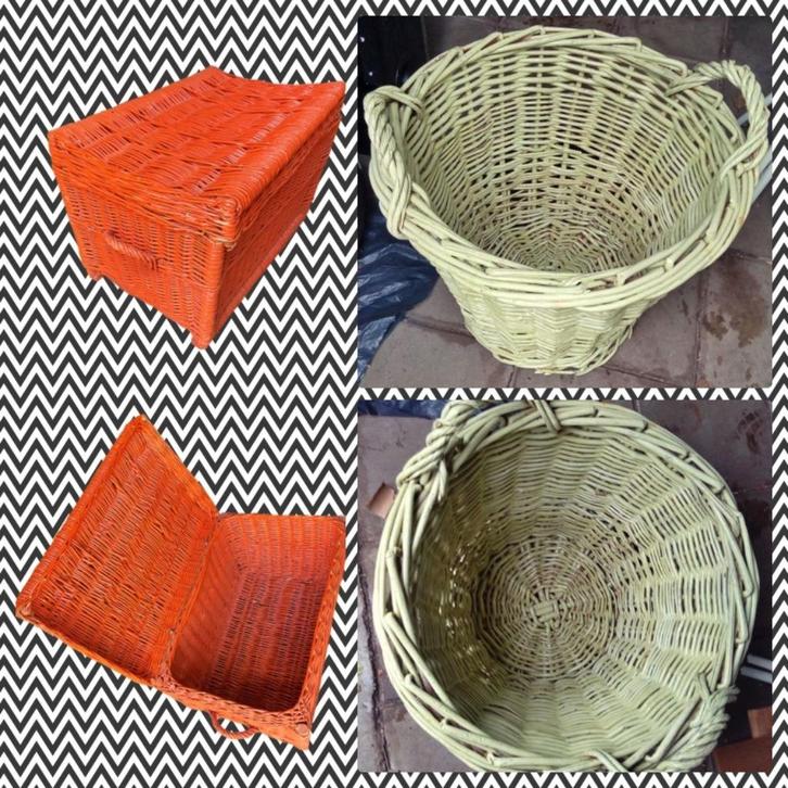 Grote stevige rieten mand licht groen en Oranje rieten kist, Huis en Inrichting, Woonaccessoires | Schalen en Manden, Gebruikt