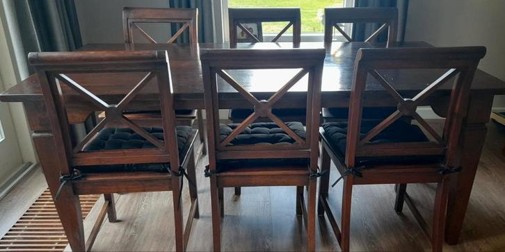 6-persoons houten eettafel met stoelen, Huis en Inrichting, Tafels | Eettafels, Gebruikt, 50 tot 100 cm, 150 tot 200 cm, Vijf personen of meer
