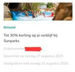 Sunparks 30% korting, Tickets en Kaartjes, Kortingen en Cadeaubonnen, Drie personen of meer, Kortingsbon, Overige typen
