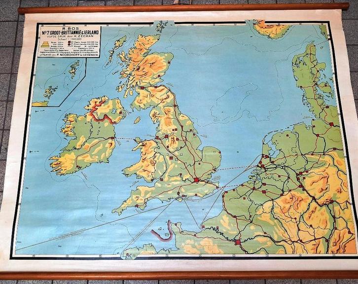 Oprol school-Landkaart Groot-Britanie, Nederland, Ierland, Antiek en Kunst, Antiek | Schoolplaten, Aardrijkskunde, Ophalen