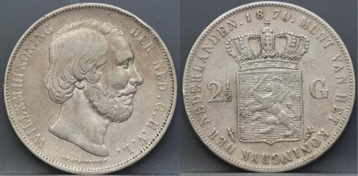 Zilveren rijksdaalder 1870 - 2 1/2 gulden 1870 Willem 3, Postzegels en Munten, Munten | Nederland, Losse munt, 2½ gulden, Koning Willem III