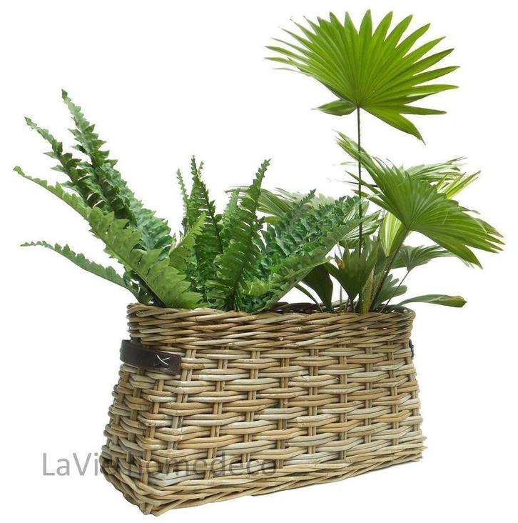 Mooie vensterbankmand van riet en leer 30cm hoog, Huis en Inrichting, Woonaccessoires | Schalen en Manden, Nieuw, Rond, Riet, Ophalen of Verzenden