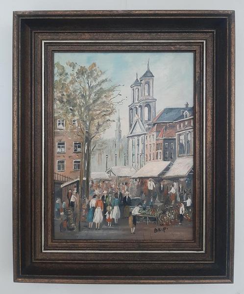 Bloemenmarkt, Singel Amsterdam in olieverf op doek., Antiek en Kunst, Kunst | Schilderijen | Klassiek, Ophalen of Verzenden