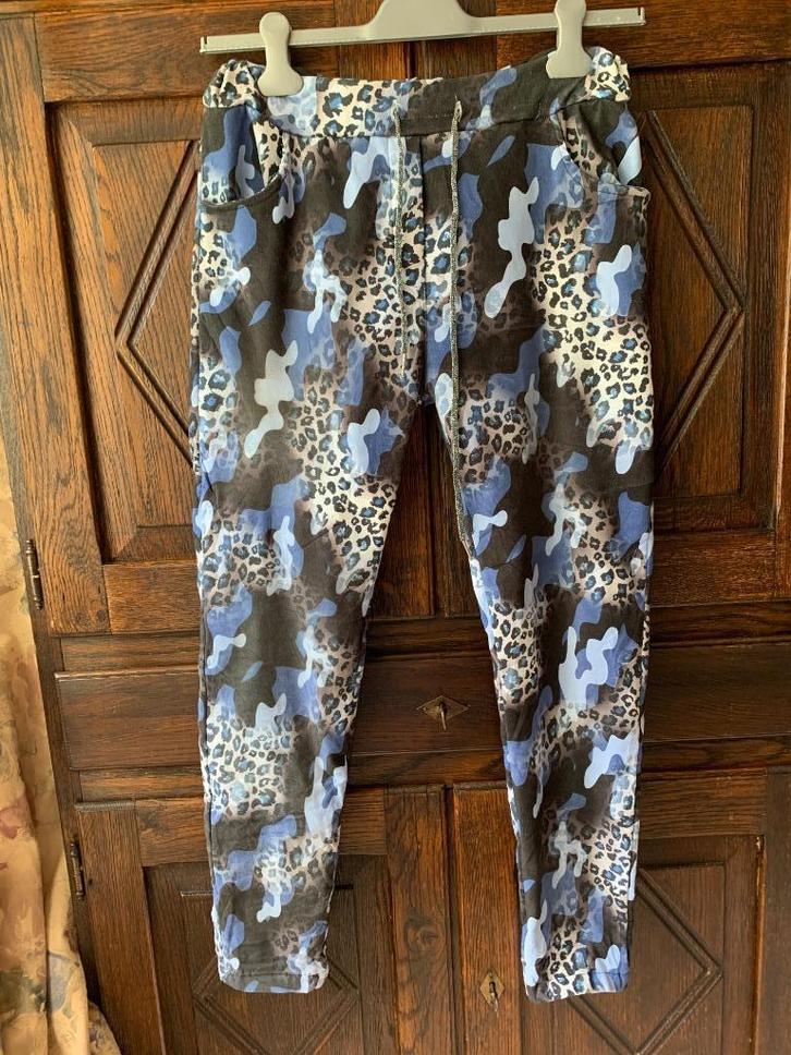 Bonte blauwe broek panterprint touwtjes; maat XL, Kleding | Dames, Broeken en Pantalons, Zo goed als nieuw, Maat 46/48 (XL) of groter