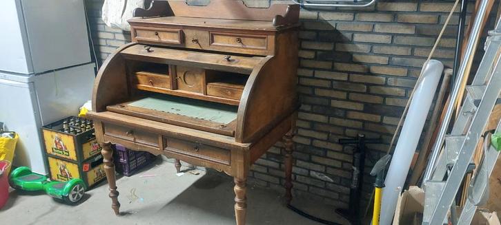 Antiek oud houten bureau met rolluik, Huis en Inrichting, Bureaus, Gebruikt, Bureau, Ophalen of Verzenden