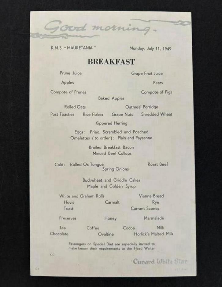 R.M.S. Mauretania, Breakfast Menukaart, 1949, Verzamelen, Scheepvaart, Zo goed als nieuw, Kaart, Foto of Prent, Ophalen of Verzenden
