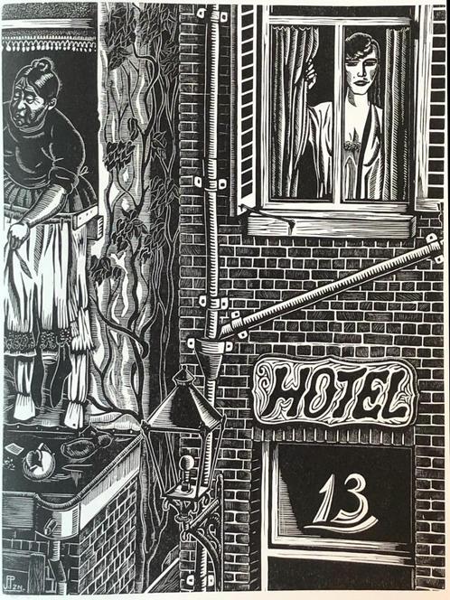 J.Franken Pzn. (Den Haag 1896-1977) Houtsnede 'Vrouw voor he, Antiek en Kunst, Kunst | Etsen en Gravures, Ophalen of Verzenden