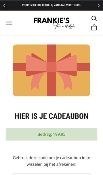 Frankie's Menstore Cadeaubon t.w.v. 199,95 -Onbeperkt geldig beschikbaar voor biedingen