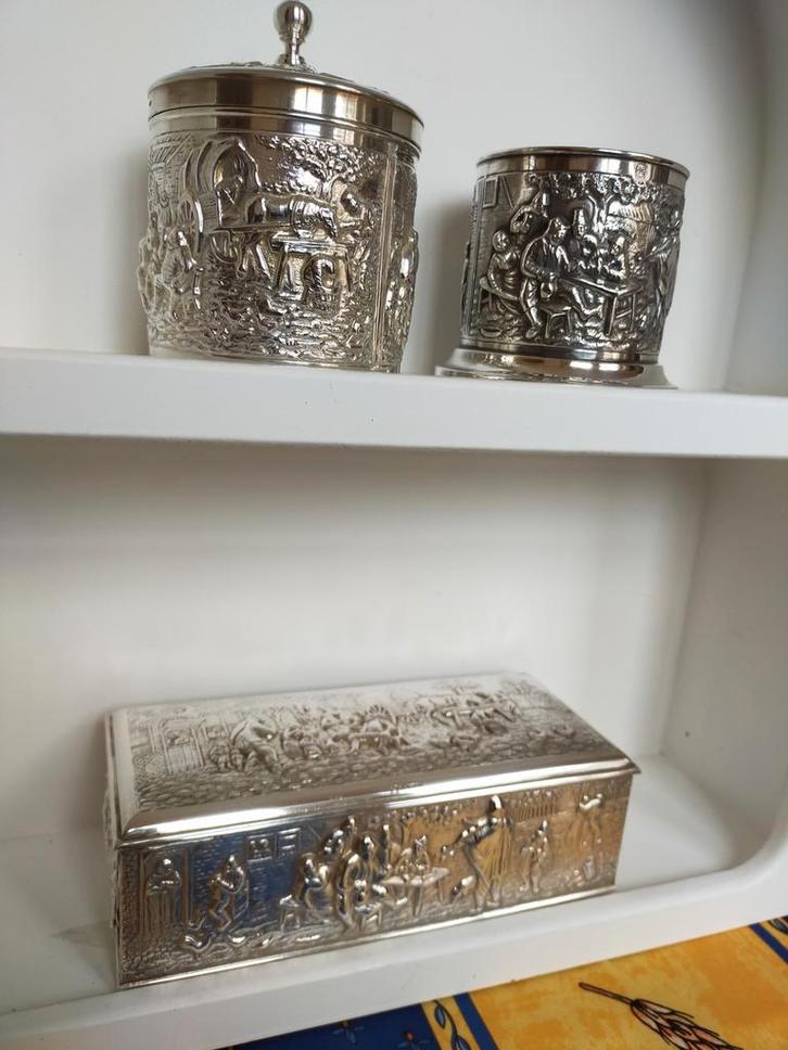 Verzilverd "oud hollands" Douwe Egberts, doos, lepelvaas, Antiek en Kunst, Antiek | Goud en Zilver, Ophalen of Verzenden
