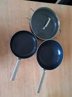 Pannenset GreenPan; wok, hapjespan en koekenpan, Gebruikt, Pannenset, Ophalen of Verzenden, Rvs