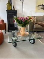 Glazen Industriële Tafel op Wielen - 100x100cm, Huis en Inrichting, Gebruikt, 100 tot 150 cm, Vierkant, Ophalen of Verzenden