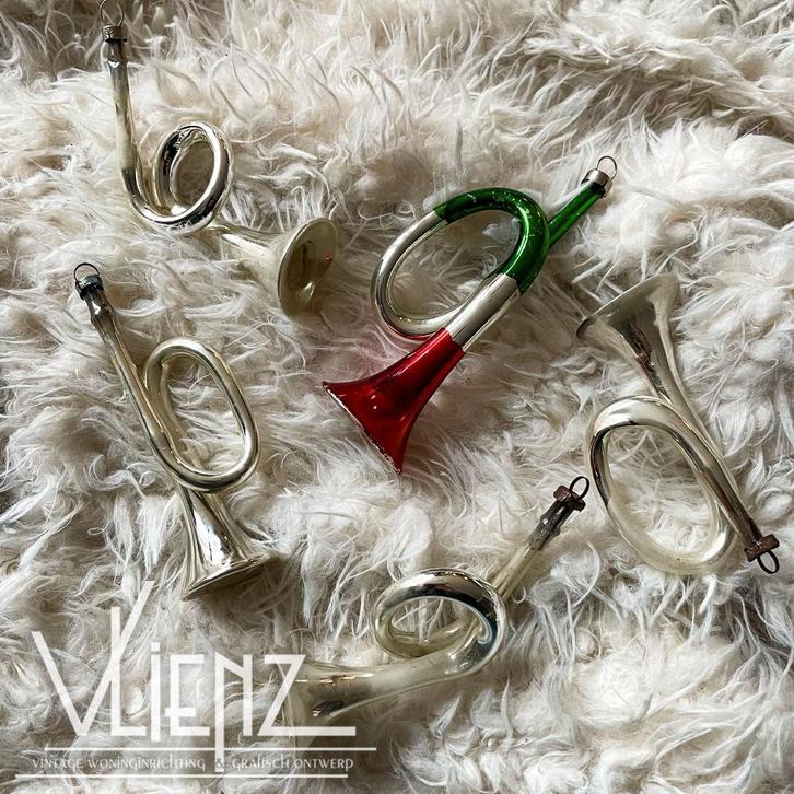 Vintage kerst trompetjes glas, trombone, kerstbal per stuk, Diversen, Kerst, Gebruikt, Ophalen