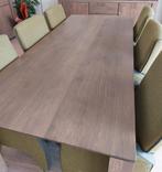 Massief eiken eettafel i.z.g.st 2.20 x 1.00 mtr. kleur bruin, Ophalen, Gebruikt, Eikenhout, 200 cm of meer