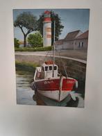 Vissersdorpje met bootje en vuurtoren schilderij, Antiek en Kunst, Ophalen of Verzenden