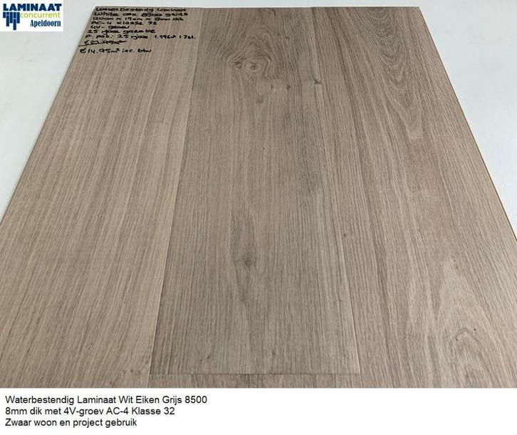 Waterbestendig Laminaat Wit Eiken Grijs 8500 8mm 4V-groev, Doe-het-zelf en Verbouw, Vloerdelen en Plavuizen, Nieuw, Laminaat, Hout