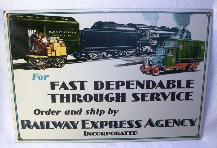 origineel emaille bord Railway Express Agency uit 1984, Verzamelen, Spoorwegen en Tramwegen, Gebruikt, Trein, Overige typen, Ophalen of Verzenden