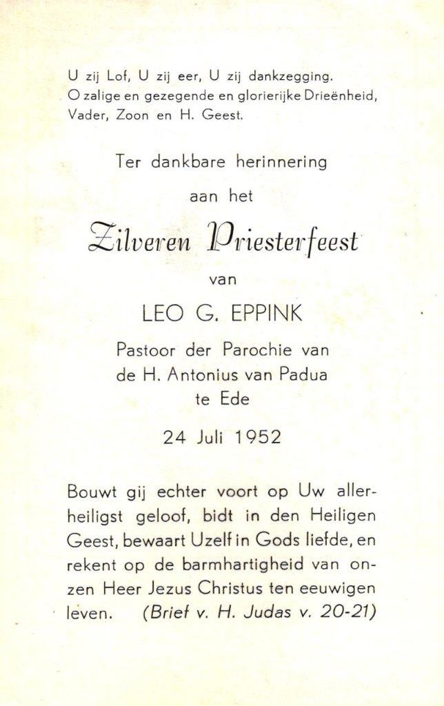 Eppink Leo G. zilveren priesterfeest 1952 Ede, Ophalen of Verzenden