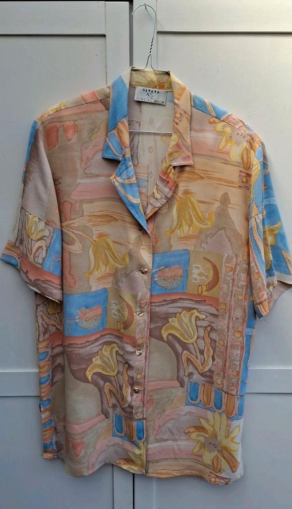 Vintage blouse, maat 40/L - roze, oranje etc- patroon - 90's, Kleding | Dames, Blouses en Tunieken, Gedragen, Maat 38/40 (M), Oranje